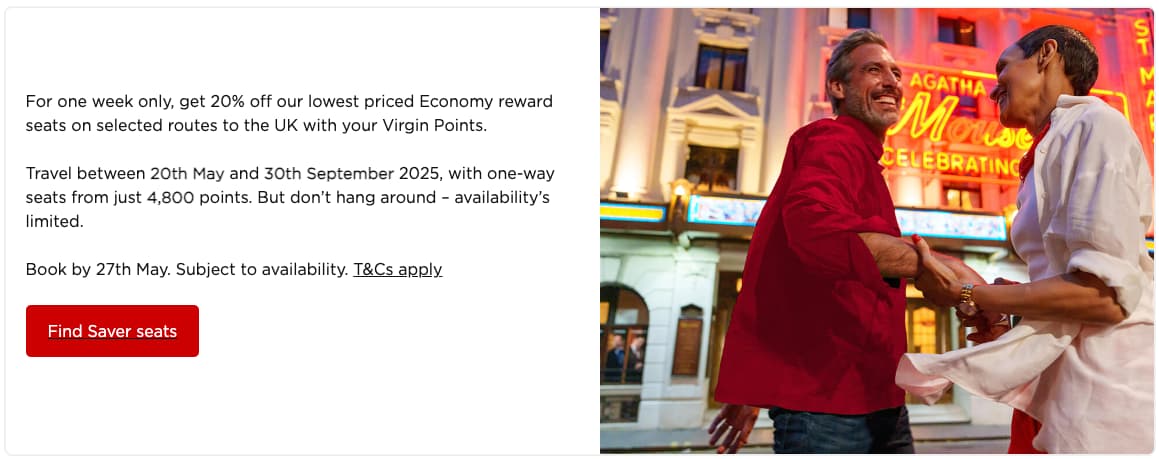 Virgin Atlantic 20% discount on economy award tickets promo. 